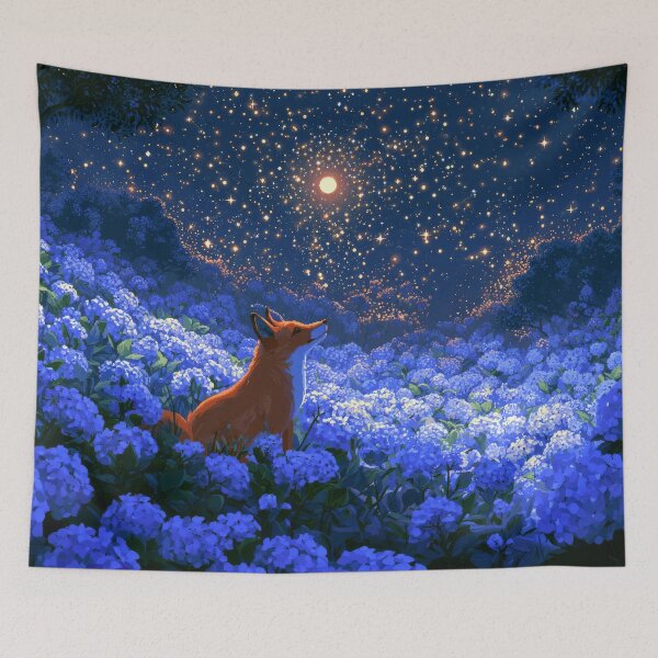 Item preview, Red fox sitting in a field of blue hydrangea designed and sold by scicilysimonee.