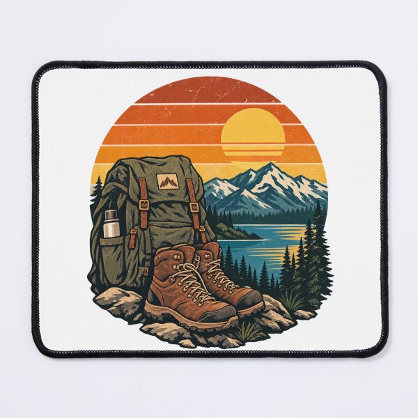 Item preview, Vintage Hiking Boots Backpack Mountain Sunset designed and sold by ThePrintArt.