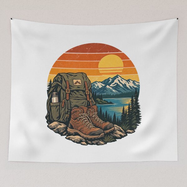 Item preview, Vintage Hiking Boots Backpack Mountain Sunset designed and sold by ThePrintArt.
