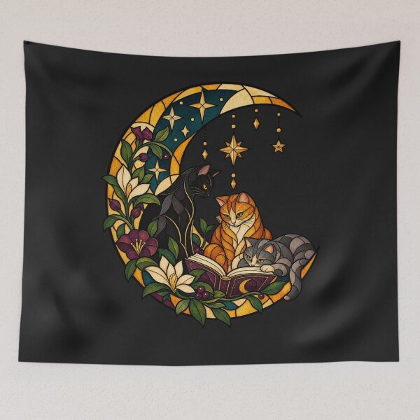 Item preview, Witchy Reading Cats Gothic Stained Glass Art designed and sold by AmiGraph.