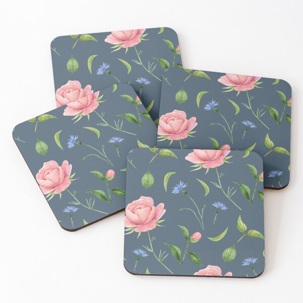 Item preview, Pink Peonies and Blue Cornflowers on Dusty Blue Background designed and sold by White Rabbit Design .