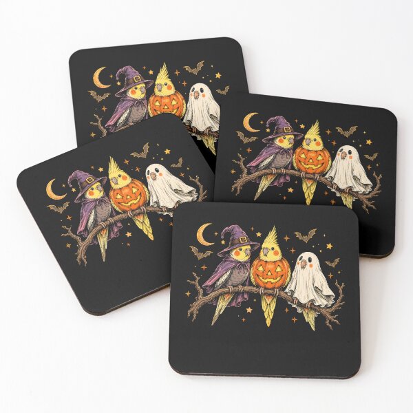 Item preview, Cute Halloween Cockatiel Birds Witch Pumpkin Ghost Trio designed and sold by Moizento.