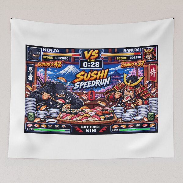 Item preview, タイトル Sushi Speedrun: Ninja vs Samurai 16-Bit Japanese Food Battle designed and sold by kaipapershop.