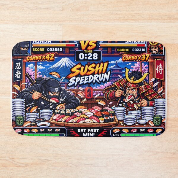 Item preview, タイトル  Sushi Speedrun: Ninja vs Samurai  16-Bit Japanese Food Battle designed and sold by kaipapershop.