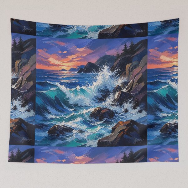 Item preview, Expressive Ocean Waves Crashing Against Rocks Oil Painting designed and sold by NinaVibeStudio.