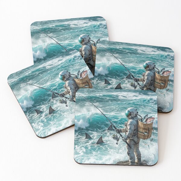 Item preview, Astronaut Fishing in Rough Turquoise Ocean Surreal Art designed and sold by Rain-Road.