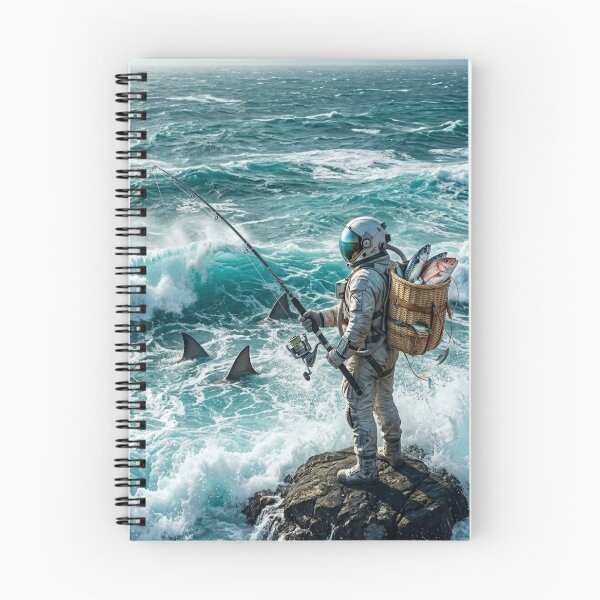 Item preview, Astronaut Fishing in Rough Turquoise Ocean Surreal Art designed and sold by Rain-Road.