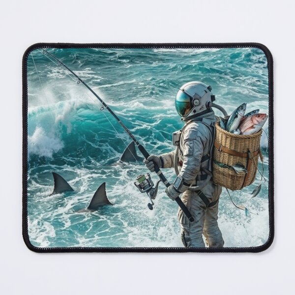 Item preview, Astronaut Fishing in Rough Turquoise Ocean Surreal Art designed and sold by Rain-Road.