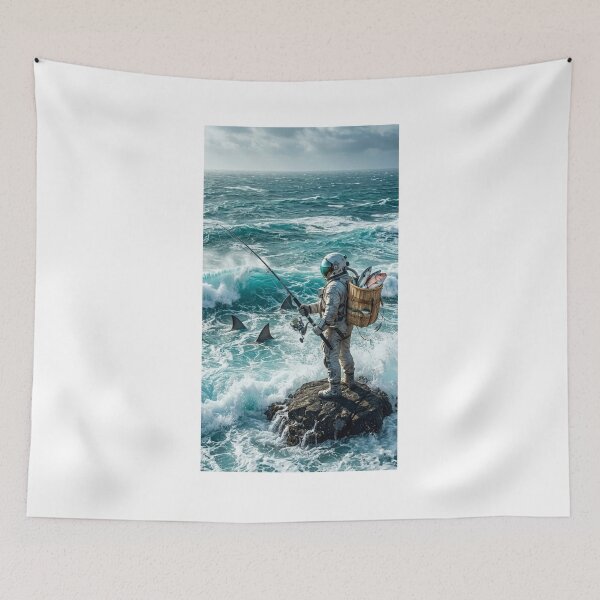 Item preview, Astronaut Fishing in Rough Turquoise Ocean Surreal Art designed and sold by Rain-Road.