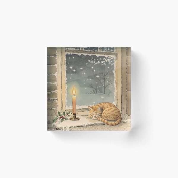 Item preview, Christmas Candle and Sleeping Cat, Vintage Print designed and sold by GildedFolio.