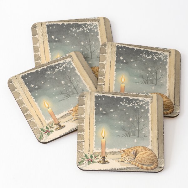 Item preview, Christmas Candle and Sleeping Cat, Vintage Print designed and sold by GildedFolio.