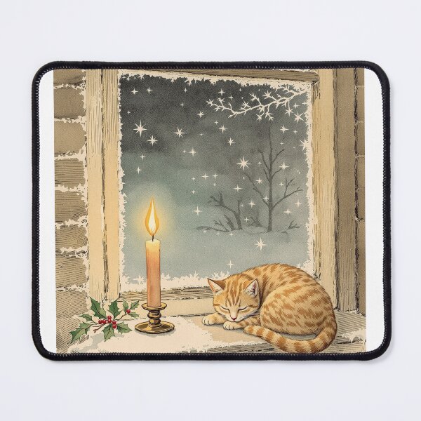 Item preview, Christmas Candle and Sleeping Cat, Vintage Print designed and sold by GildedFolio.