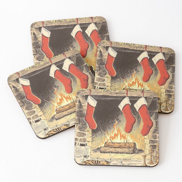 Item preview, Yule Log, Stockings and Sleeping Cat, Vintage Print designed and sold by GildedFolio.