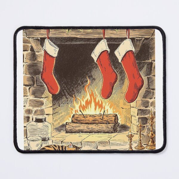 Item preview, Yule Log, Stockings and Sleeping Cat, Vintage Print designed and sold by GildedFolio.