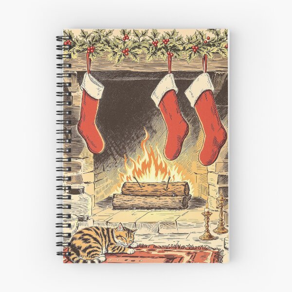 Item preview, Yule Log, Stockings and Sleeping Cat, Vintage Print designed and sold by GildedFolio.