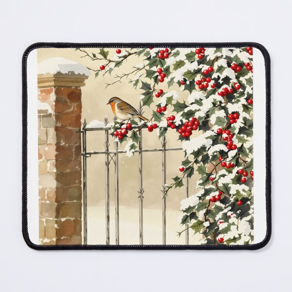 Item preview, Robin on the Holly Gate, Vintage Christmas Print designed and sold by GildedFolio.