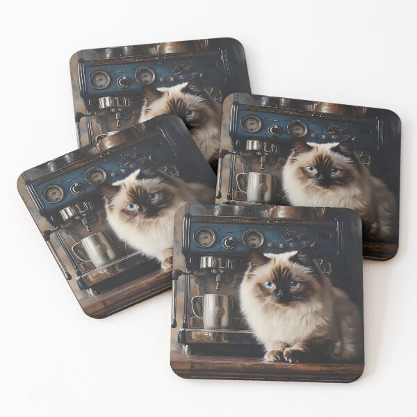 Item preview, Fluffy Ragdoll Cat and Blue Espresso Machine designed and sold by Purrista Studio.