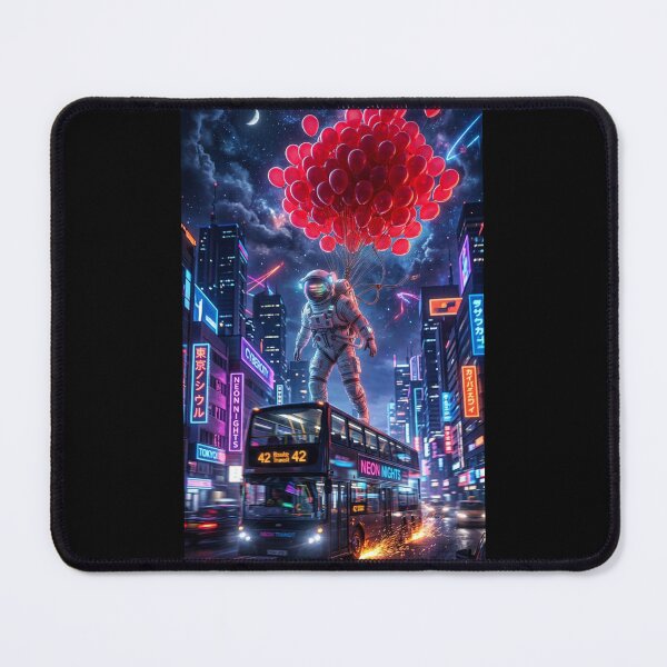 Item preview, Cyberpunk Astronaut on Neon Bus with Red Balloons: Surreal Sci-Fi Art designed and sold by Rain-Road.