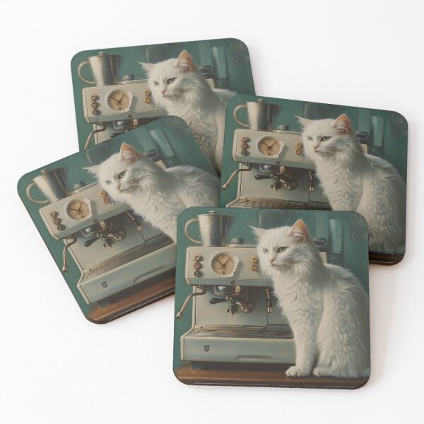 Item preview, White Fluffy Cat and Mint Espresso Machine designed and sold by Purrista Studio.