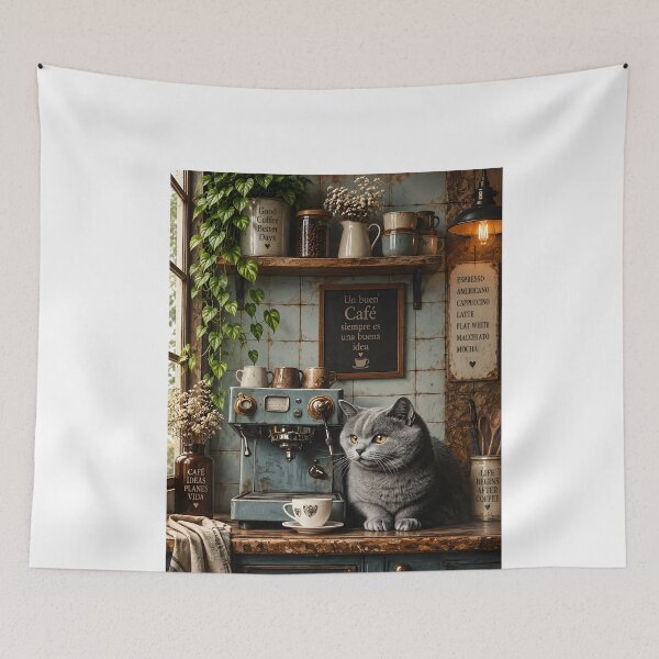 Item preview, Grey Cat Cafe Corner with Blue Tiles designed and sold by Purrista Studio.