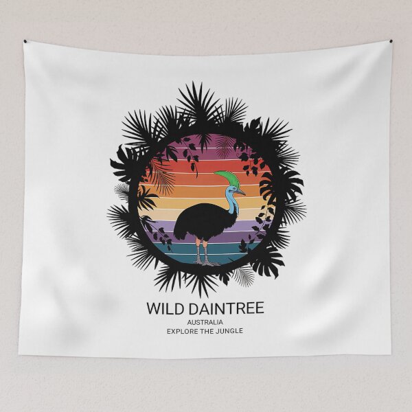 Artikelvorschau, Daintree-Nationalpark, Australien: Tropischer Kasuar im Dschungel – Retro-Vintage-Sonnenuntergangsdesign entworfen und verkauft von GarworkzDesign.