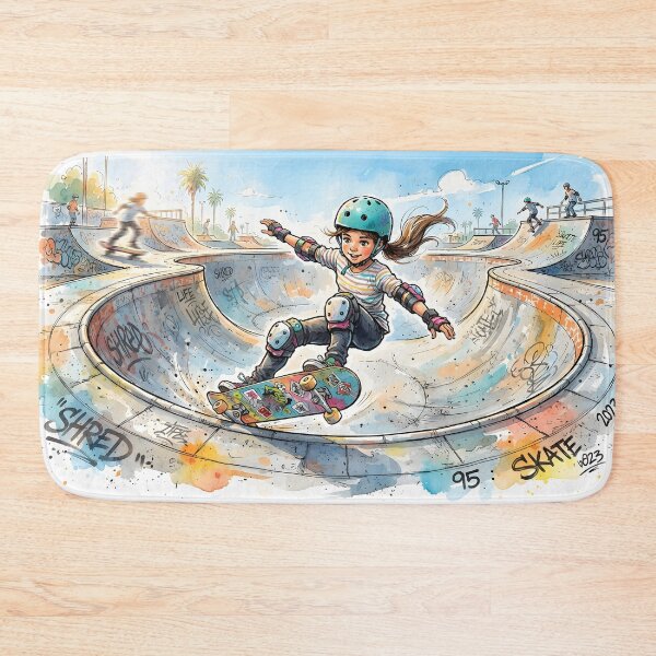 Item preview, Girl skateboarding at a colorful concrete skatepark bowl designed and sold by homydesign.