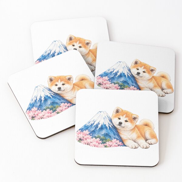 Item preview, Cute Akita Dog Puppy & Mount Fuji - Japanese Watercolor Art designed and sold by japan-picto.