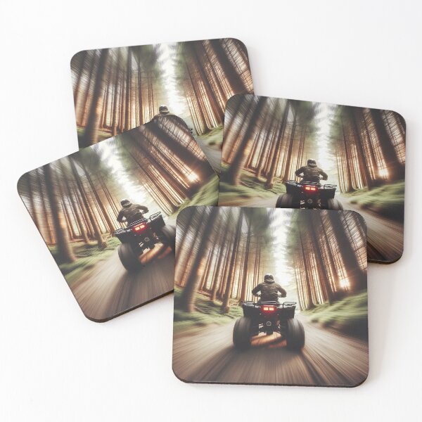 Item preview, A person rides an ATV away into a sunlit forest, captured with motion blur to emphasize speed and the thrill of off-road adventure designed and sold by homydesign.