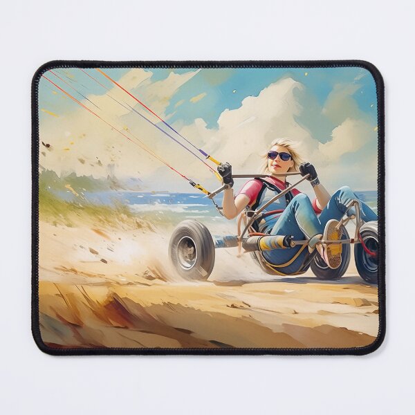 Item preview, A woman in a cart propelled by a power kite on a sandy area, colorful kites in the sky designed and sold by homydesign.