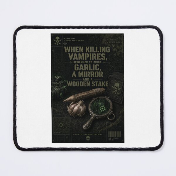 Item preview, When killing vampires remember to bring garlic, a mirror, and a wooden stake. designed and sold by INEEDBABYPOWDER.