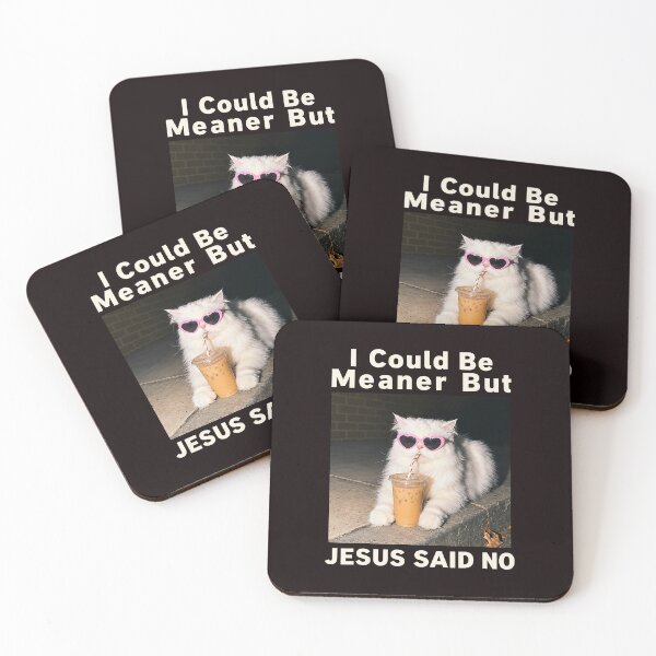 Item preview, I Could Be Meaner Jesus Said No Christian Cat Iced Coffee Humor designed and sold by ImeldaSparks.