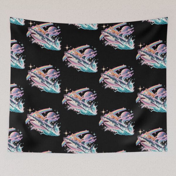 Item preview, Cat Riding Shark In Space Rainbow Galaxy Surreal Vaporwave Funny Graphic designed and sold by lionSutuShop.