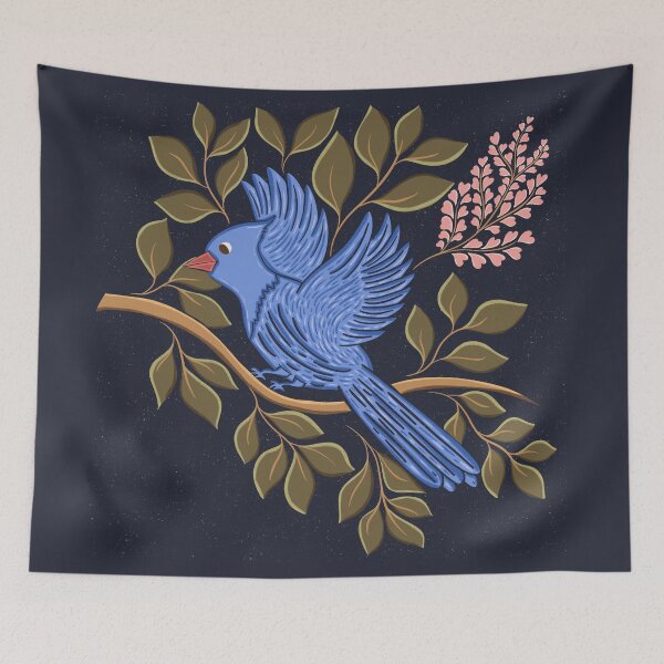 Item preview, Blue bird Jay - Folk Art Blue Bird on Leafy Botanical Branch designed and sold by DColourMuse.