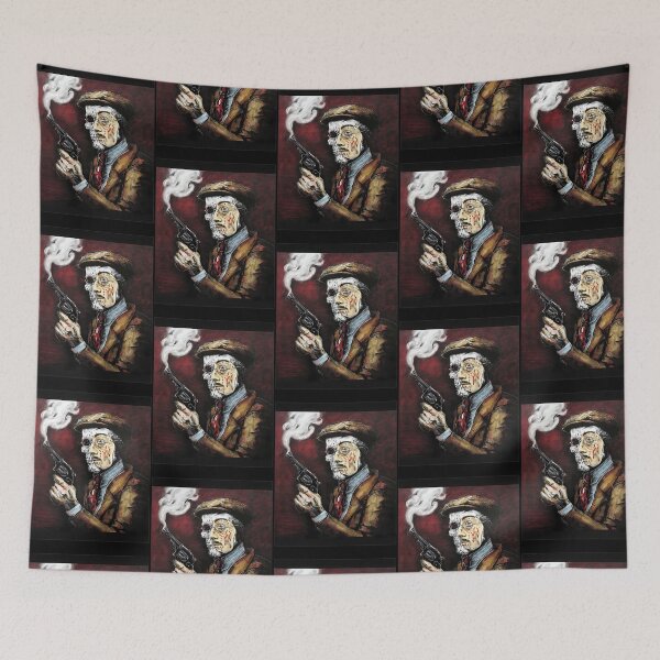 Item preview, Half Skeleton Detective Holding Smoking Revolver Illustration designed and sold by MarioELindeman.