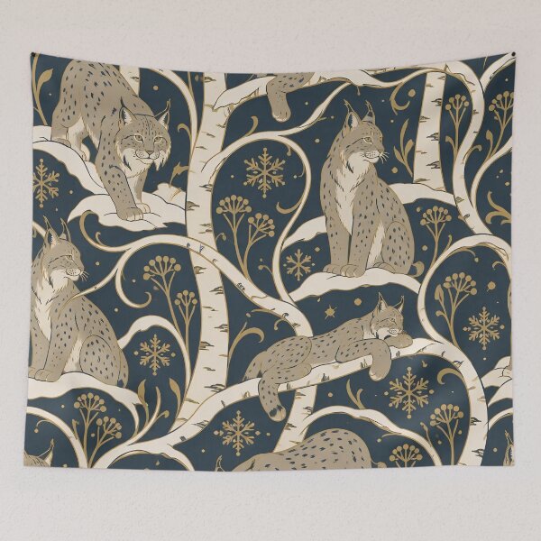 Item preview, Canada Lynx Art Nouveau Seamless Pattern | Winter Birch Forest Wild Cat Repeat designed and sold by StickyGuys.