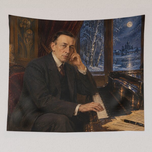 Item preview, Romantic Piano Titan: Sergei Rachmaninoff Vintage Oil Painting - Russian Symphony Soul designed and sold by DoReMiStudio.