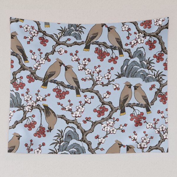 Item preview, Cedar Waxwing Chinoiserie Seamless Pattern | Winter Berry Birds Chinoiserie Wallpaper designed and sold by StickyGuys.