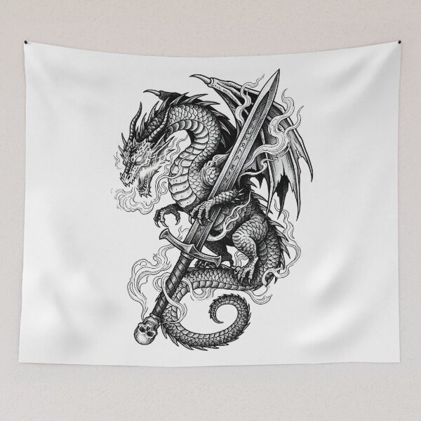Item preview, Mystic Flame Dragon with Runeblade - Glowing Eyes Ink Art designed and sold by DragonSerpent Ink.