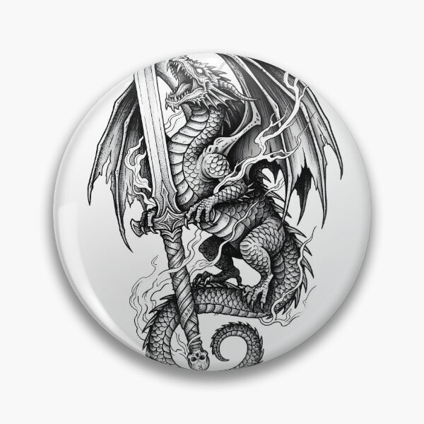 Item preview, Flame-Wreathed Dragon with Runeblade - Skull Pommel Ink Art designed and sold by DragonSerpent Ink.