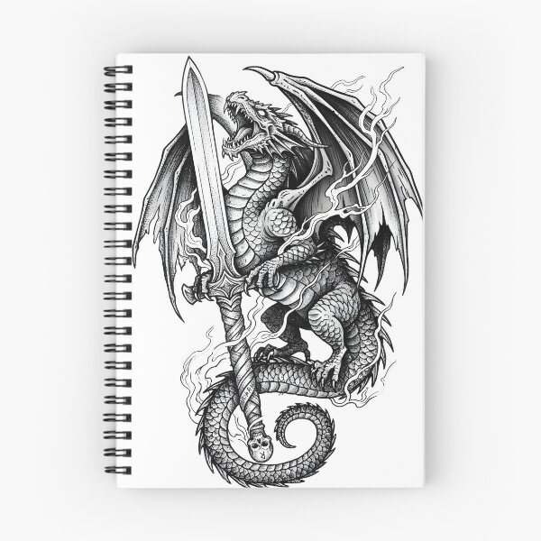 Item preview, Flame-Wreathed Dragon with Runeblade - Skull Pommel Ink Art designed and sold by DragonSerpent Ink.