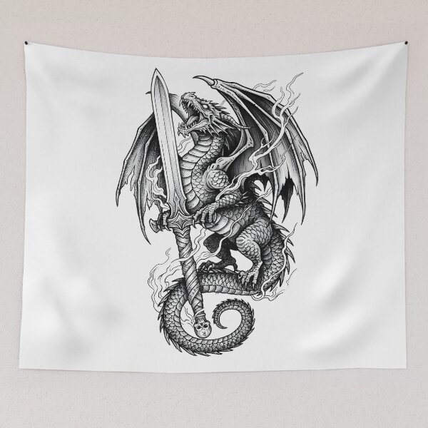 Item preview, Flame-Wreathed Dragon with Runeblade - Skull Pommel Ink Art designed and sold by DragonSerpent Ink.