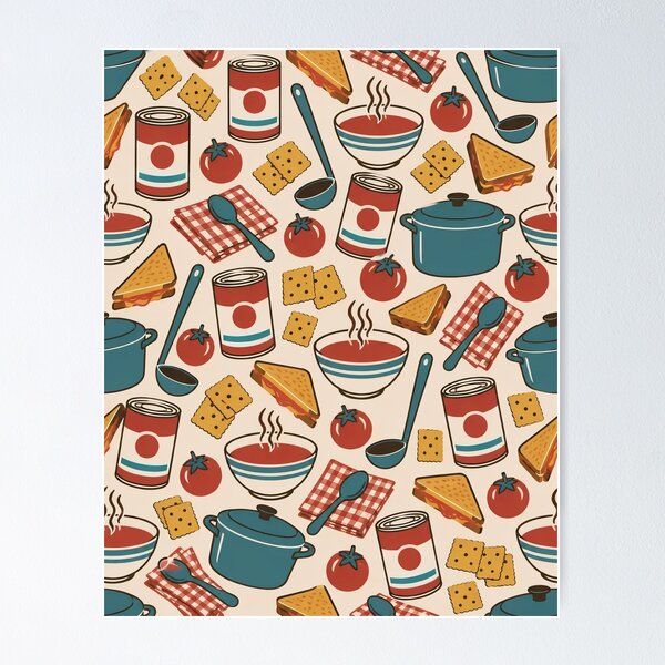 Item preview, Soup Season Retro Kitchen Seamless Pattern | Vintage Tomato Soup Cans and Bowls designed and sold by StickyGuys.