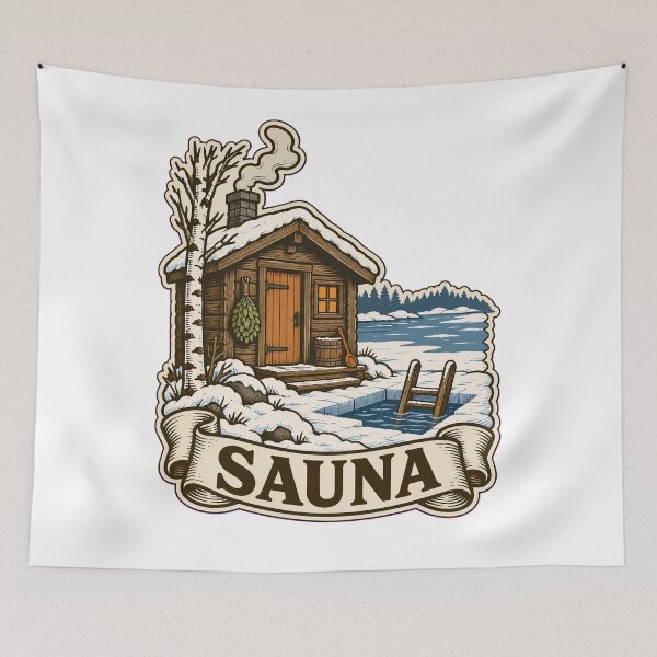 Aperçu de l'œuvre Sauna finlandais vintage au bord du lac | Sauna finlandais et trou de glace de style nordique créée et vendue par StickyGuys.