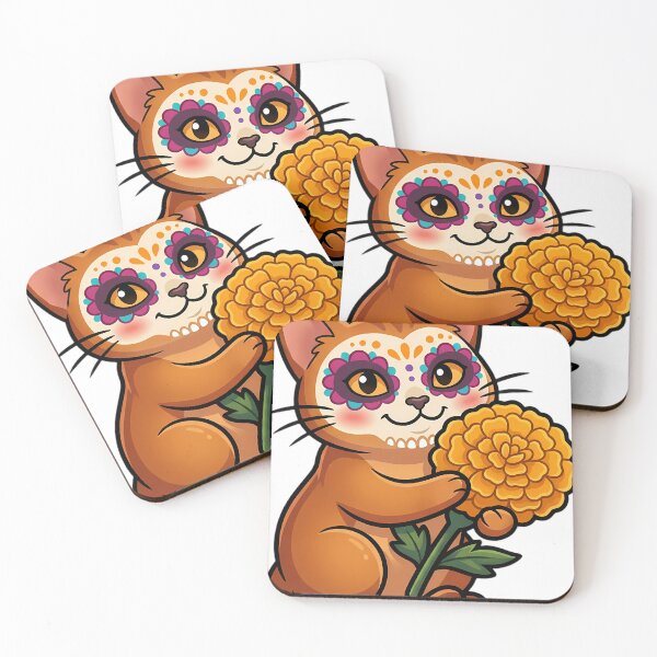 Item preview, Cute Sugar Skull Abyssinian Cat with a Marigold Bloom designed and sold by pumsquare.