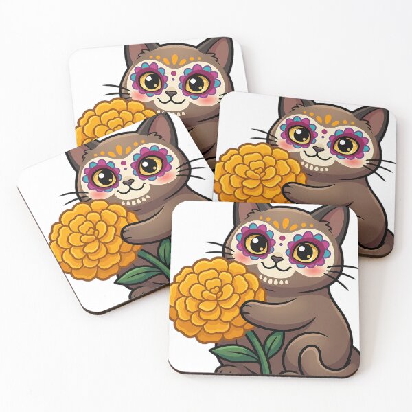 Item preview, Cute Sugar Skull Burmese Cat with a Marigold Bloom designed and sold by pumsquare.