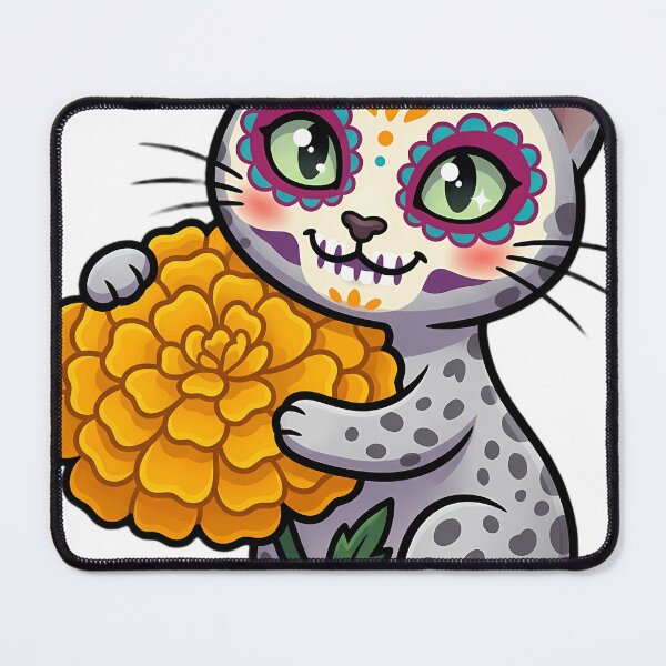 Item preview, Cute Sugar Skull Egyptian Mau with a Marigold Bloom designed and sold by pumsquare.