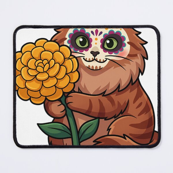 Item preview, Cute Sugar Skull Siberian Cat with a Marigold Bloom designed and sold by pumsquare.