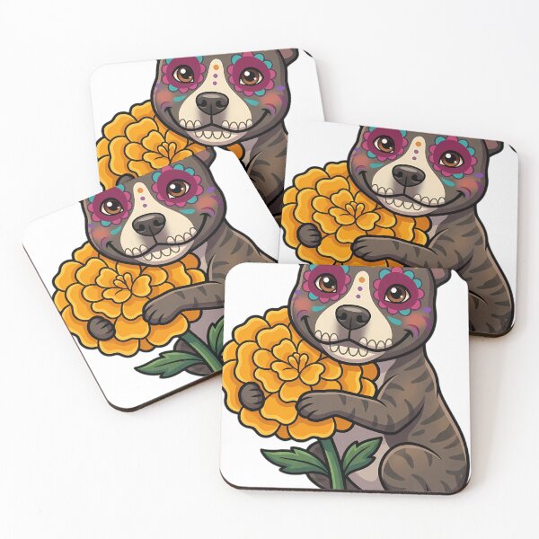 Item preview, Cute Sugar Skull Staffordshire Bull Terrier with a Marigold Bloom designed and sold by pumsquare.