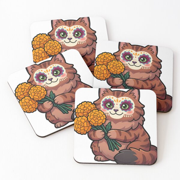 Item preview, Cute Sugar Skull Siberian Cat with a Marigold Bouquet designed and sold by pumsquare.