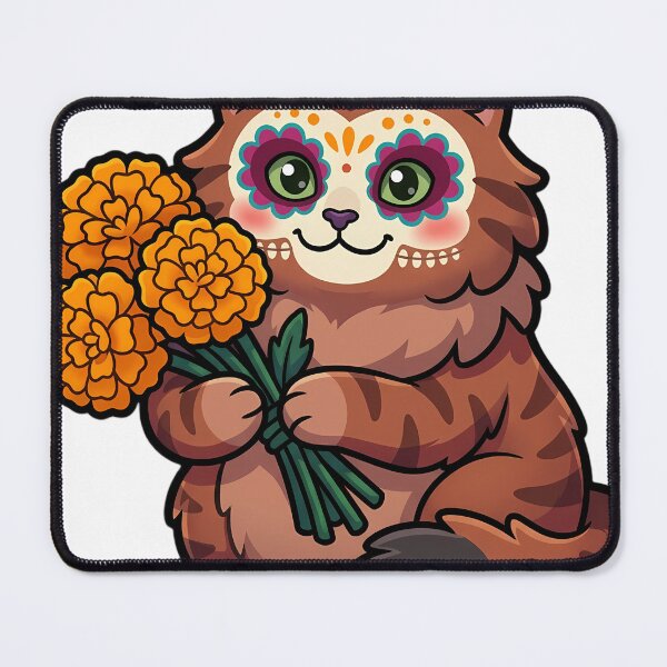 Item preview, Cute Sugar Skull Siberian Cat with a Marigold Bouquet designed and sold by pumsquare.